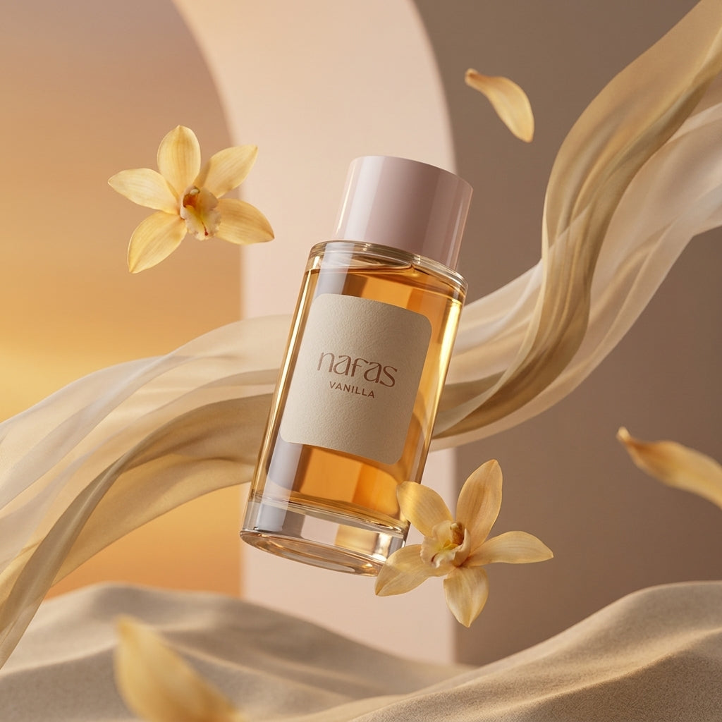 Nafas by Noor Vanilla Extrait de Parfum 100ml bottle floating among vanilla orchid blooms and cream silk