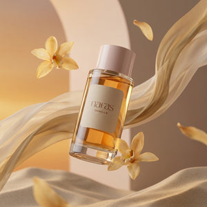 Nafas by Noor Vanilla Extrait de Parfum 100ml bottle floating among vanilla orchid blooms and cream silk