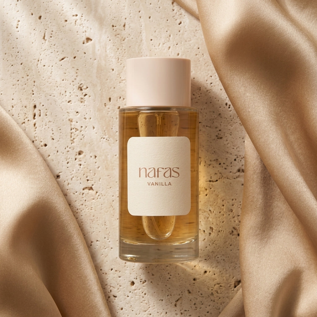 Nafas by Noor Vanilla Extrait de Parfum 100ml bottle resting on travertine stone with champagne silk
