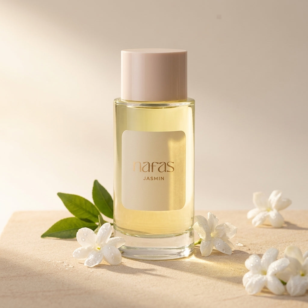 Nafas by Noor Jasmin Extrait de Parfum 100ml bottle surrounded by fresh jasmine blooms and green leaves