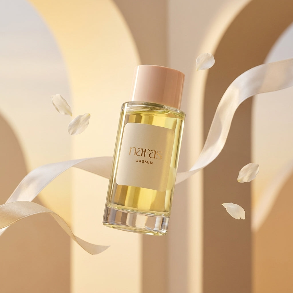 Nafas by Noor Jasmin Extrait de Parfum 100ml bottle floating between cream arches with silk ribbon and jasmine petals