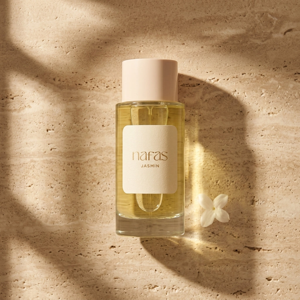 Nafas by Noor Jasmin Extrait de Parfum 100ml bottle on sunlit travertine stone beside a single jasmine flower